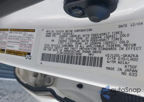 2005 Lexus Gx 470 из США, поврежденный, VIN JTJBT20X250073898